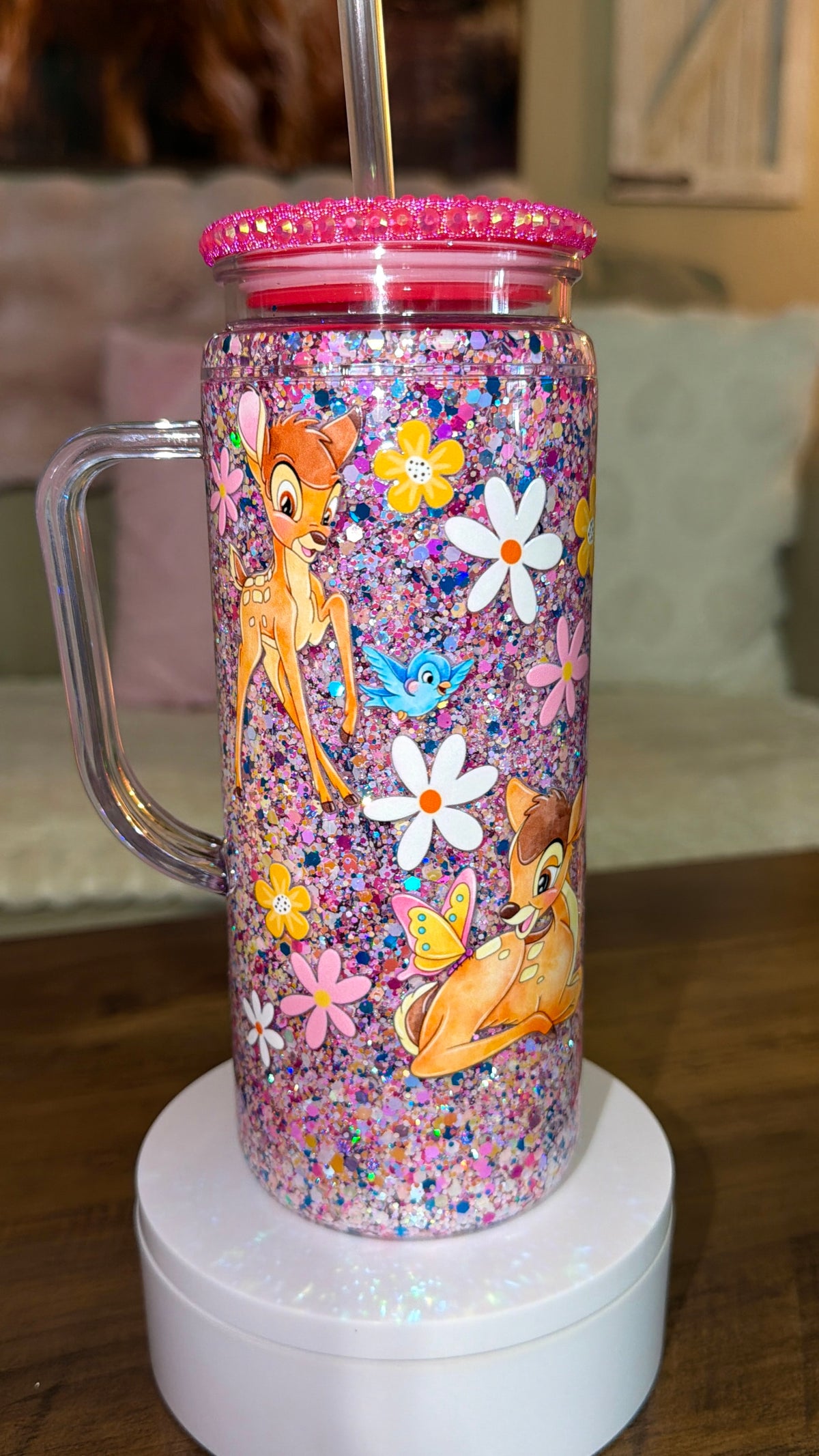 Woodland Character Inspired Pink Glitter Snowglobe cup