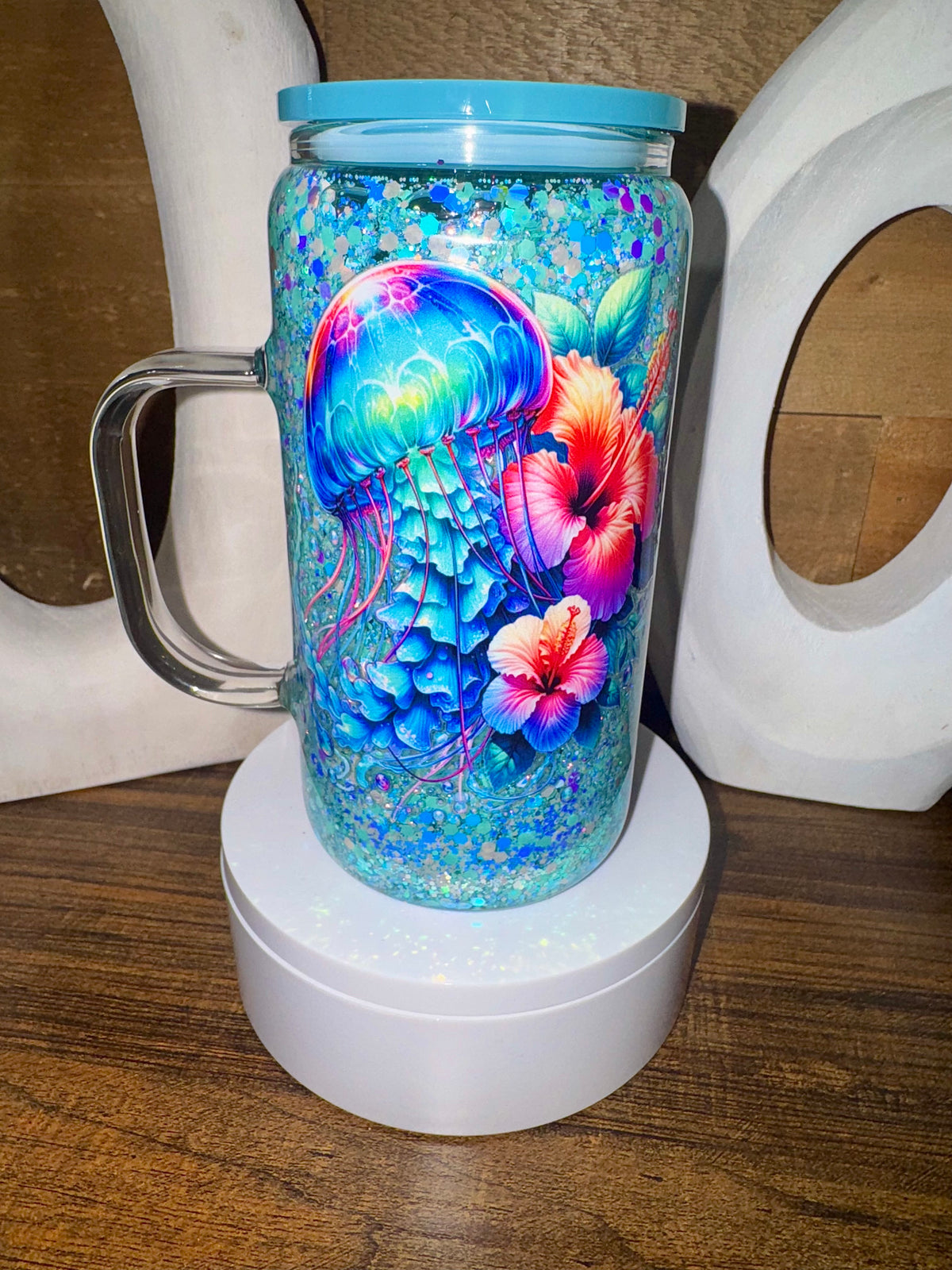 16oz glass Ocean Jellyfish Snow Globe Cup
