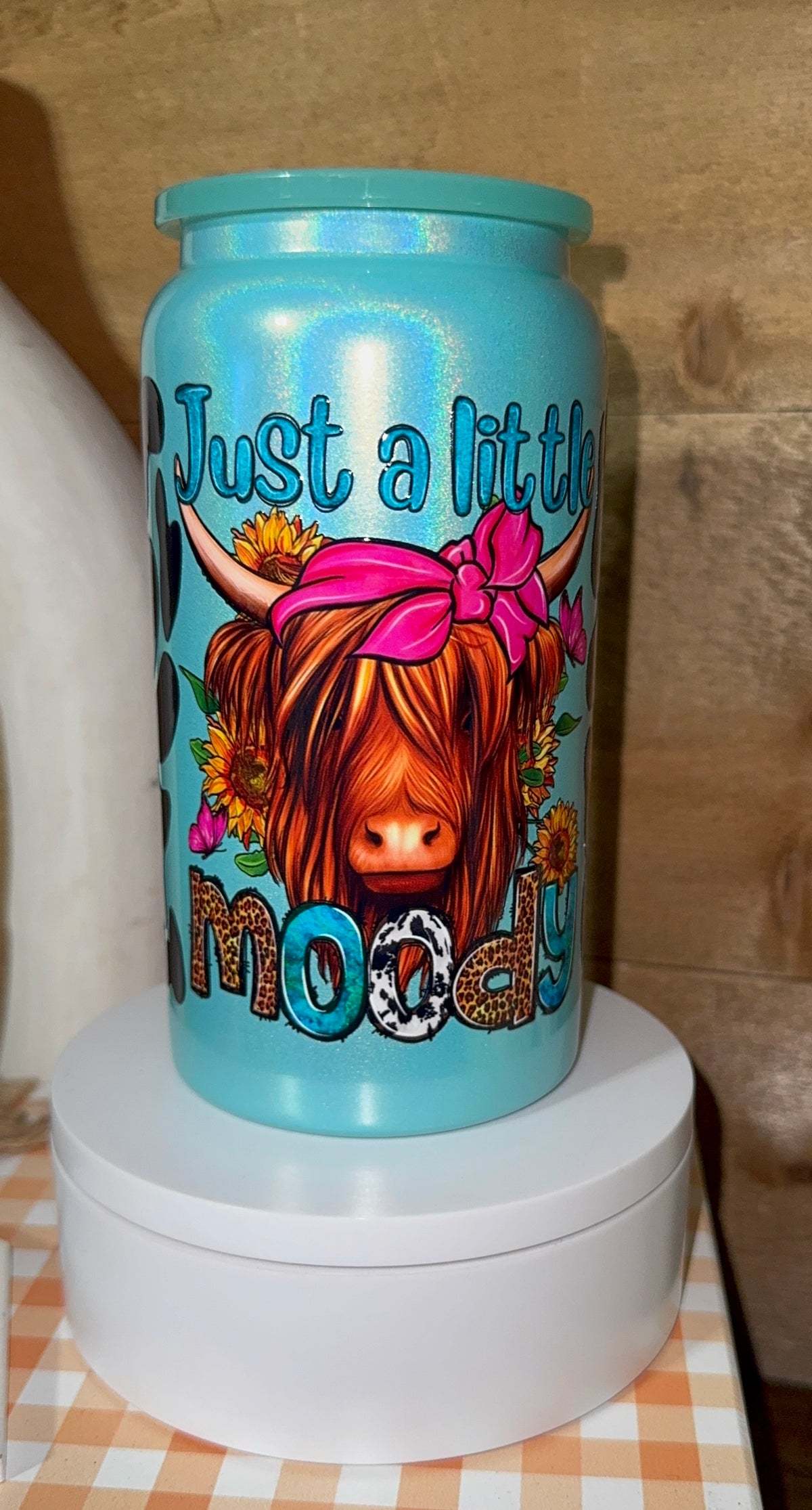 “Just a Little Moody” Highland Cow Tumbler | Teal Cow Print Skinny Cup | Western Cowgirl Glitter Tumbler | Funny Gift for Her